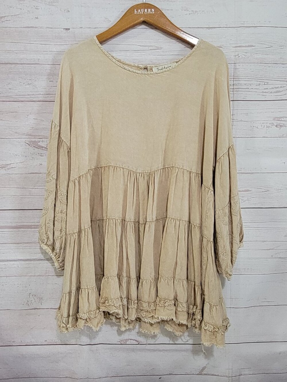 Solitaire Tiered Peasant Top Womens Medium Beige Stonewash Cottage Boho Distress